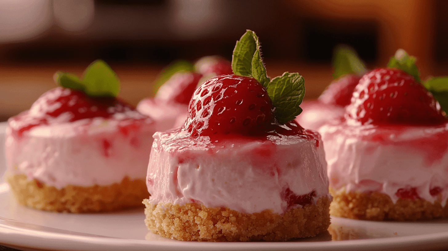 Mini strawberry cheesecakes with graham cracker crust and strawberry topping