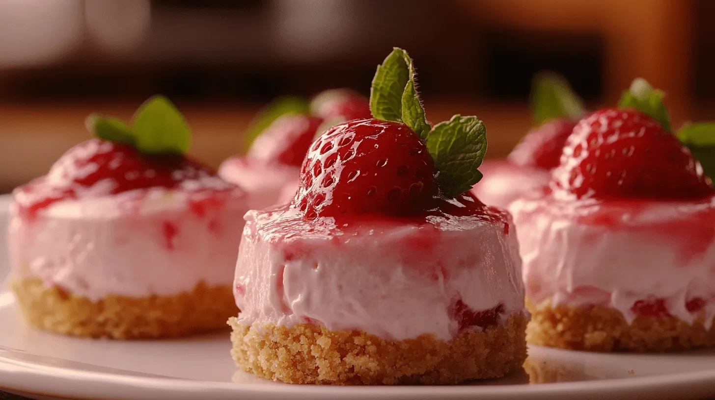 Mini strawberry cheesecakes with graham cracker crust and strawberry topping