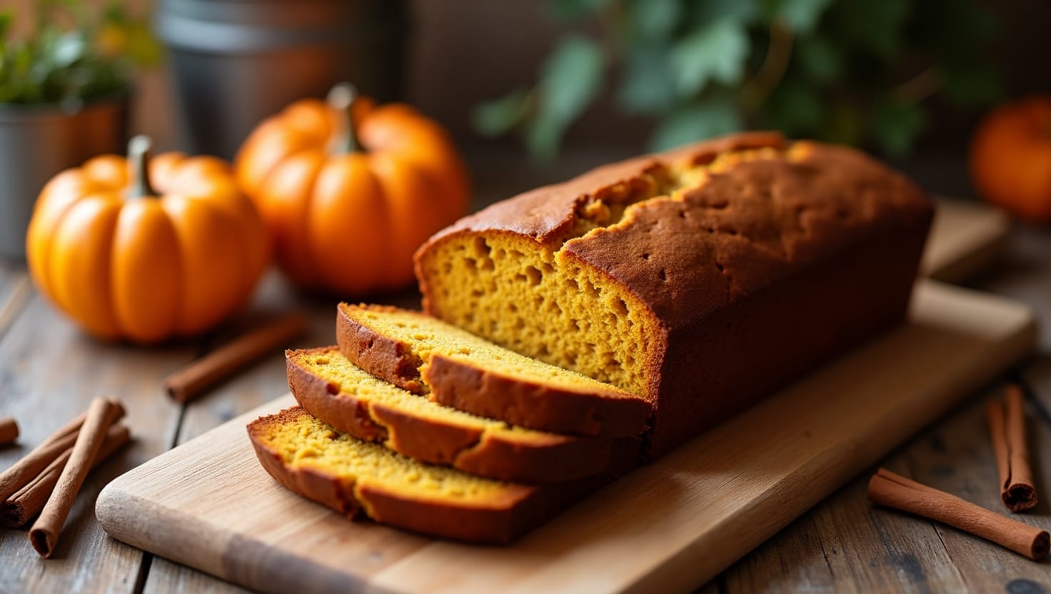 Freshly baked pumpkin banana bread loaf on a wooden cutting board.