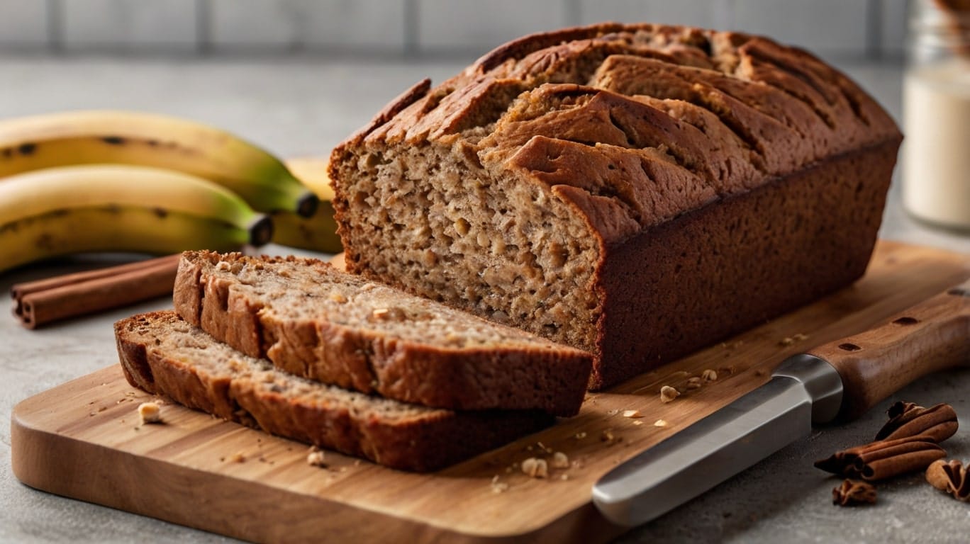 A loaf of protein banana bread sliced and displayed on a wooden cutting board.