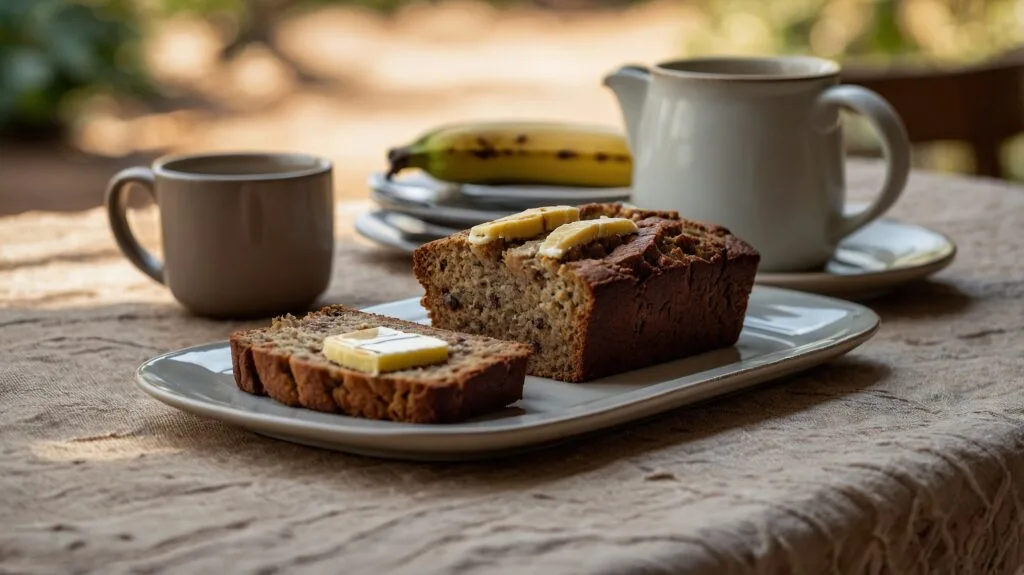 Freshly baked banana bread with two bananas on a cutting board.