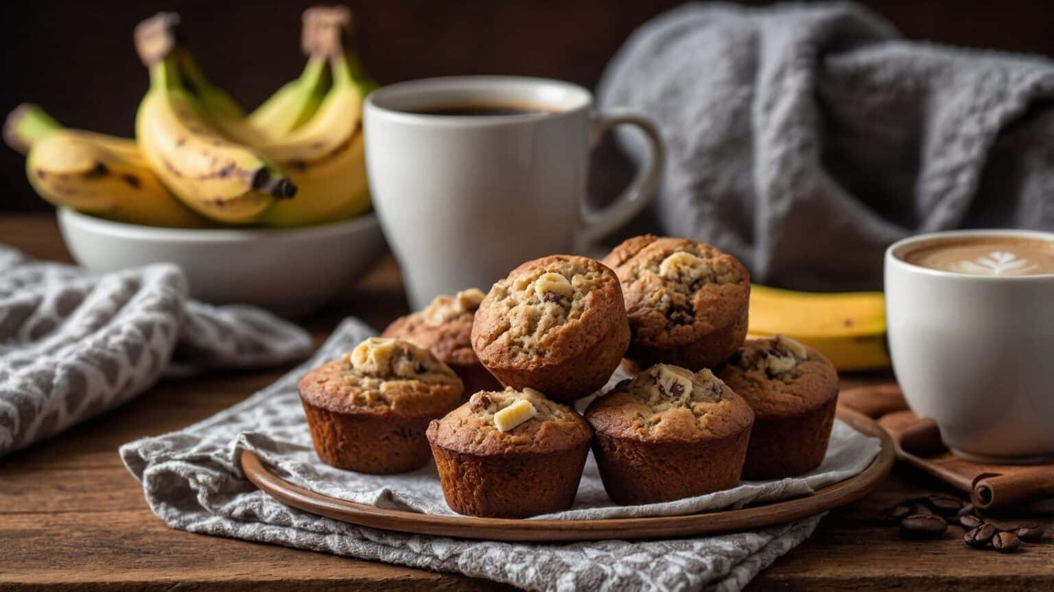 A tray of freshly baked banana bread mini muffins arranged on a wooden table