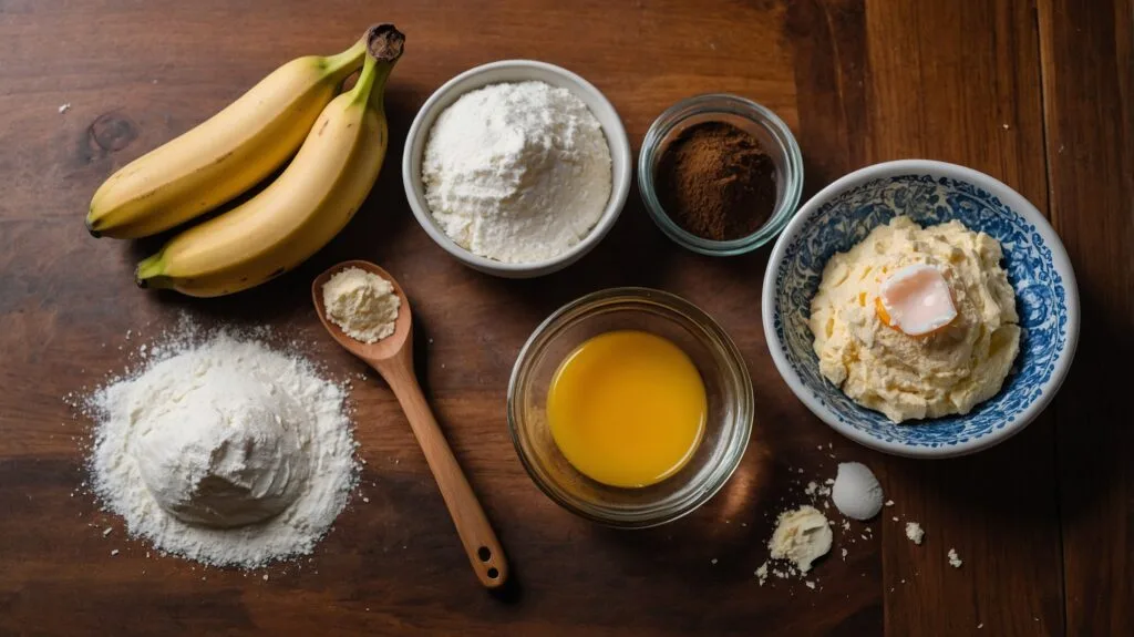 Ingredients for banana bread, including bananas, flour, sugar, eggs, and butter.