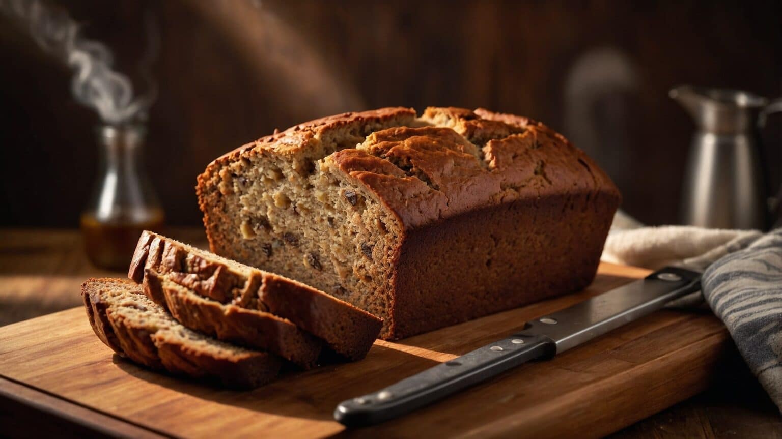A freshly baked loaf of banana bread sliced on a wooden cutting board