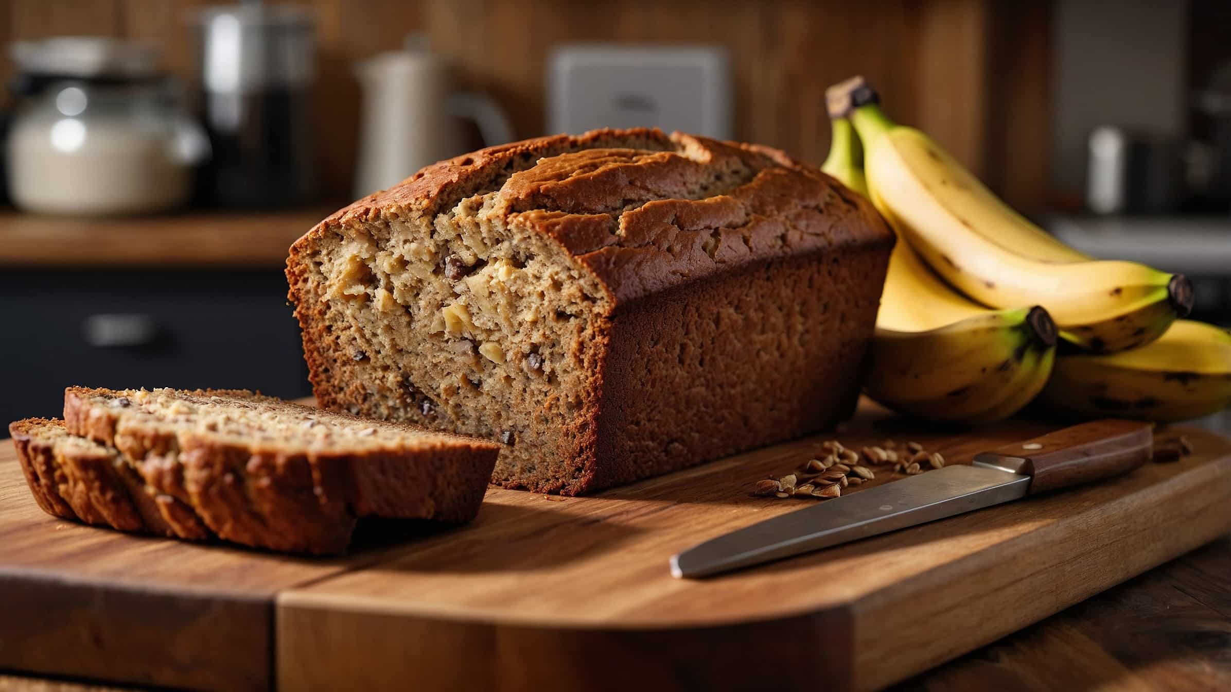 A loaf of freshly baked banana bread with two bananas sliced on a wooden cutting board.