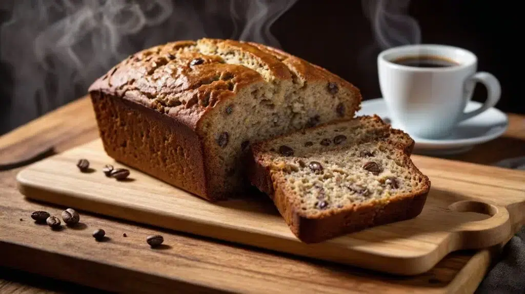 A freshly baked loaf of banana bread with two bananas sliced on a wooden cutting board.