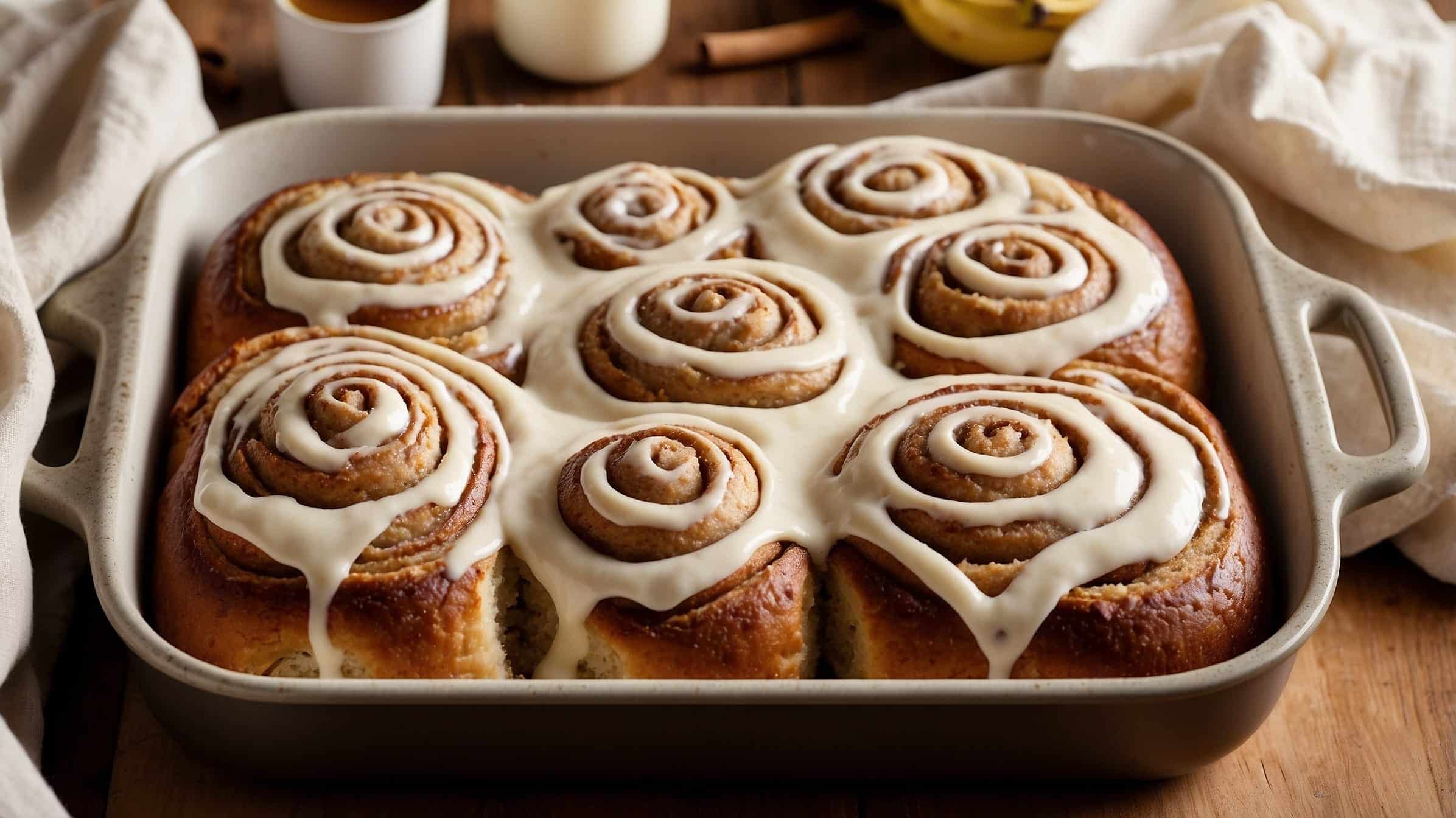 Freshly baked banana bread cinnamon rolls with icing on top