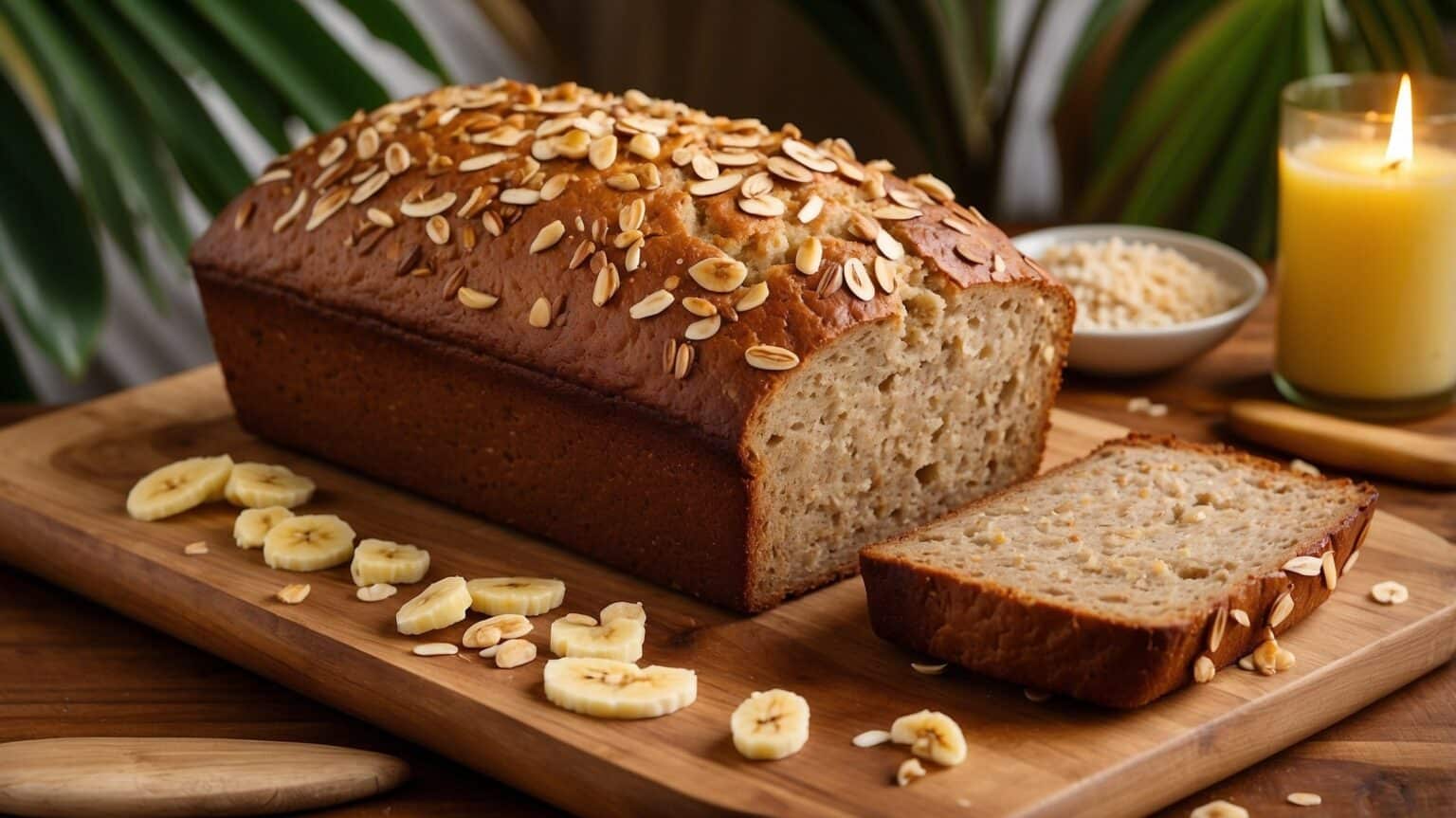 Freshly baked Hawaiian banana bread with pineapple and coconut on a wooden board