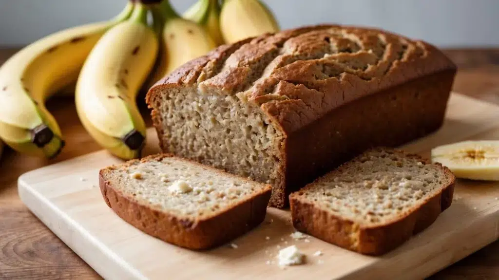 A loaf of 3-ingredient banana bread sliced and placed on a wooden board