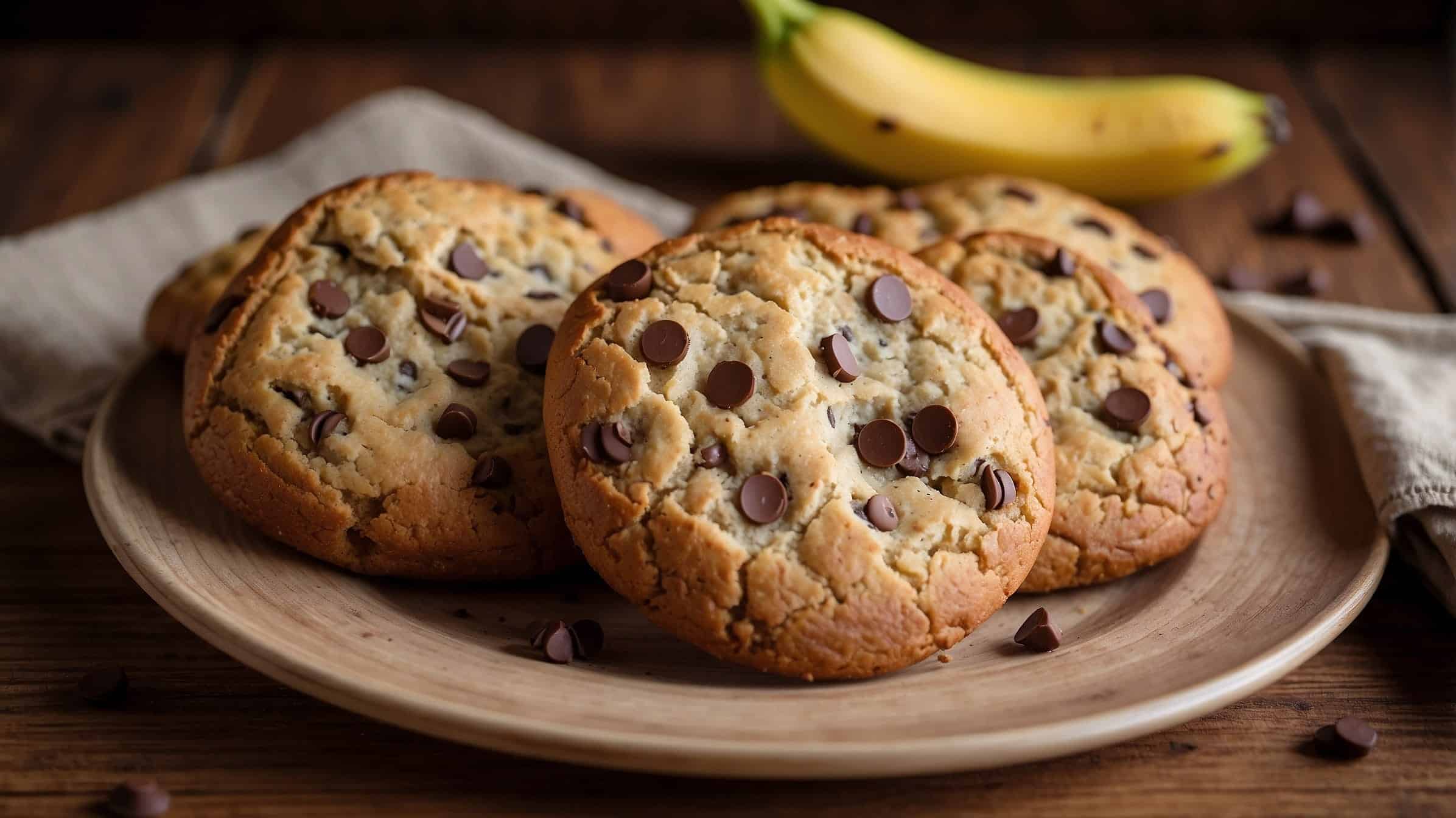 Freshly baked banana bread cookies on a rustic plate with chocolate chips