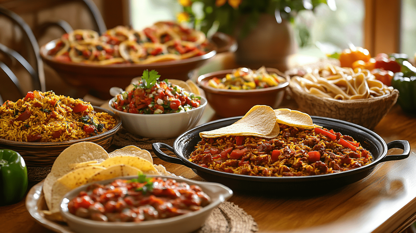 A variety of delicious chorizo dinner dishes displayed on a wooden table.