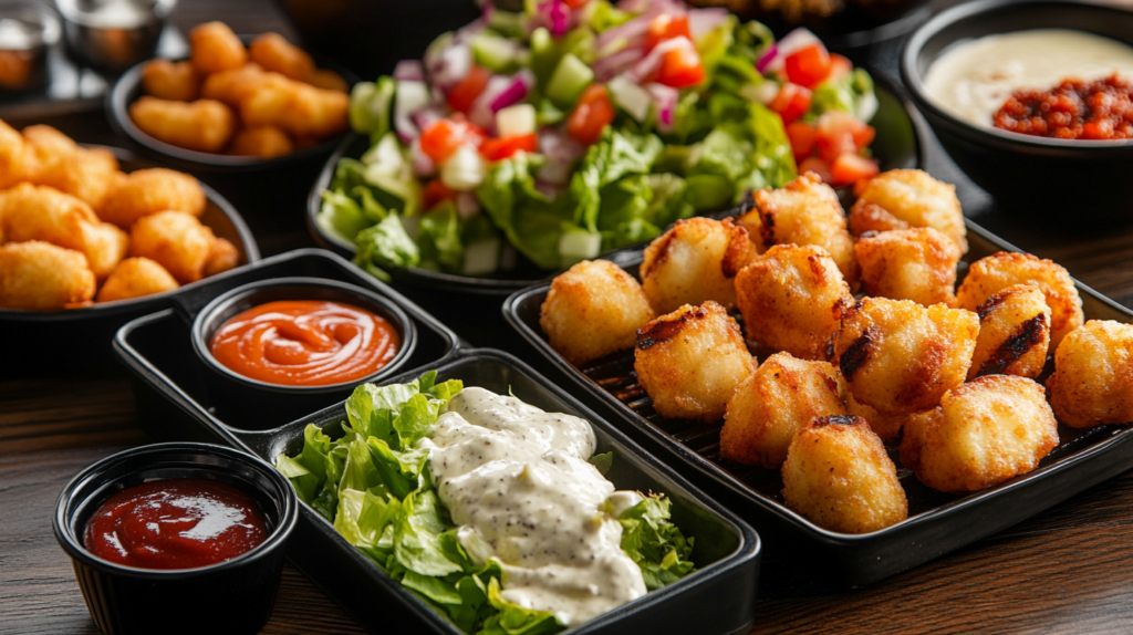 Grilled nuggets served with dipping sauces and side dishes.