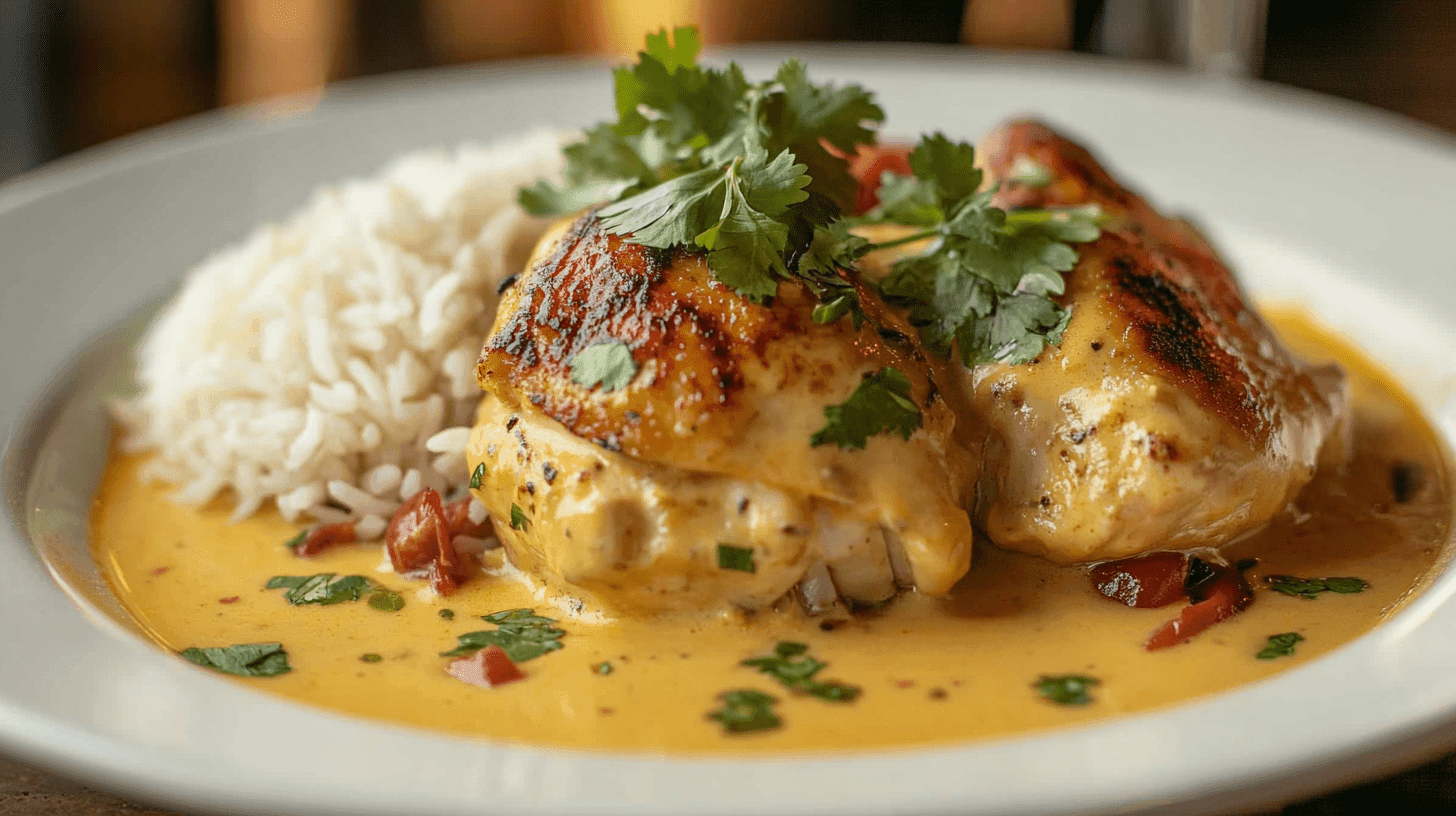 A vibrant plate of Churu Chicken Amarillo with rice and cilantro garnish.