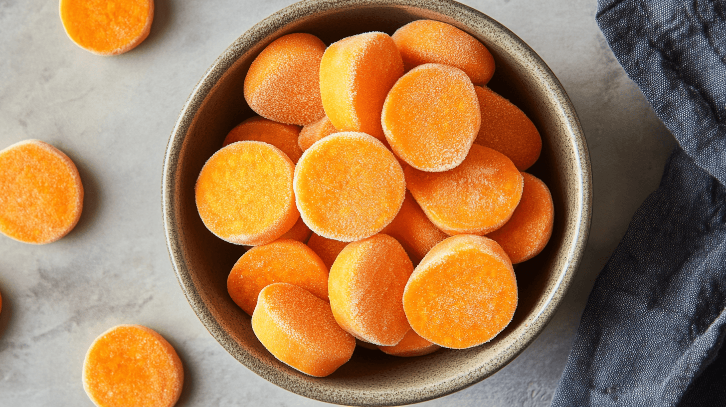 A bowl of frozen carrots with a focus on vibrant orange color