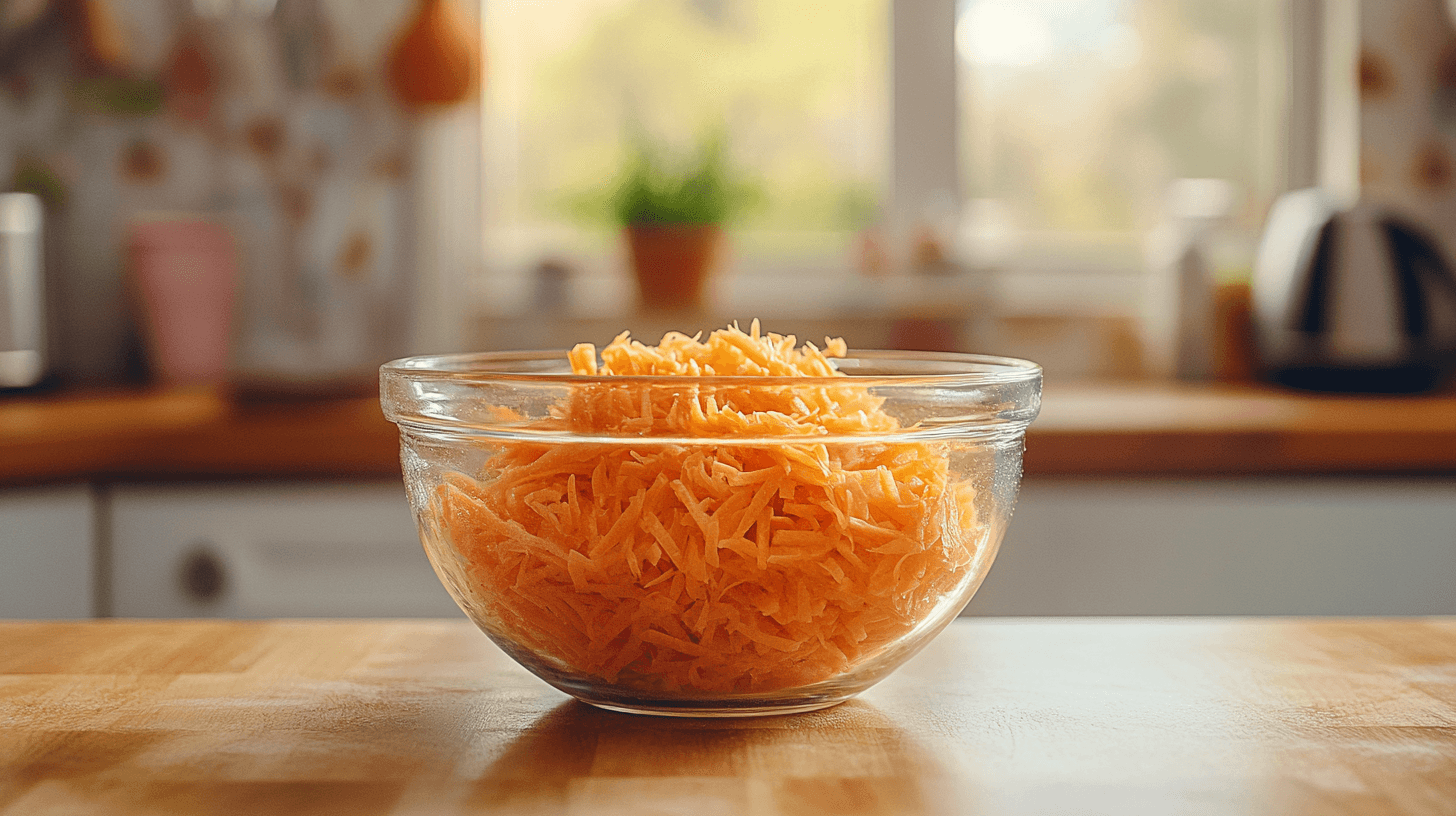 A bowl of frozen shredded carrots on a wooden kitchen table
