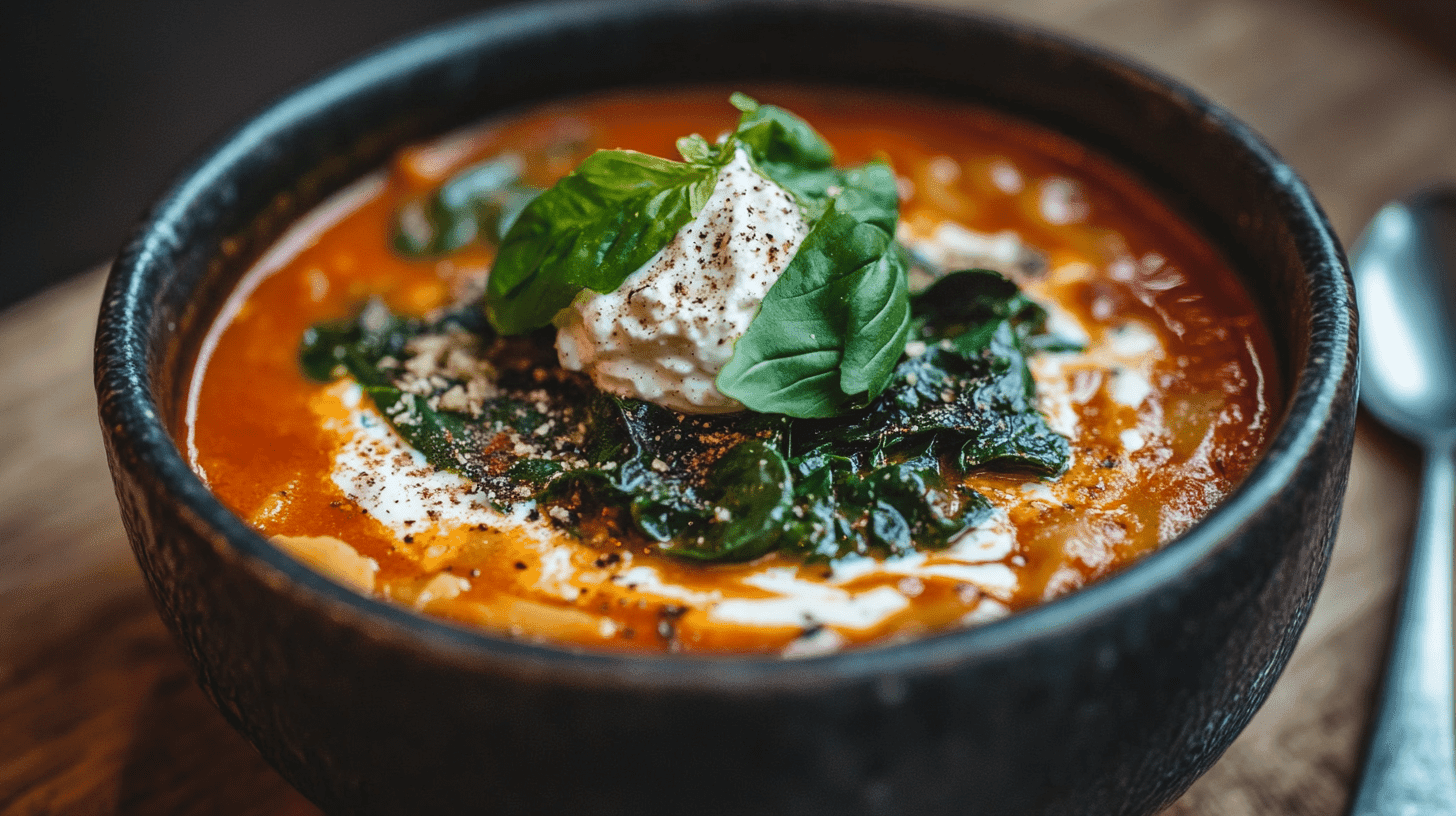 A hearty bowl of SkinnyTaste-inspired lasagna soup with vibrant tomato broth and fresh greens.