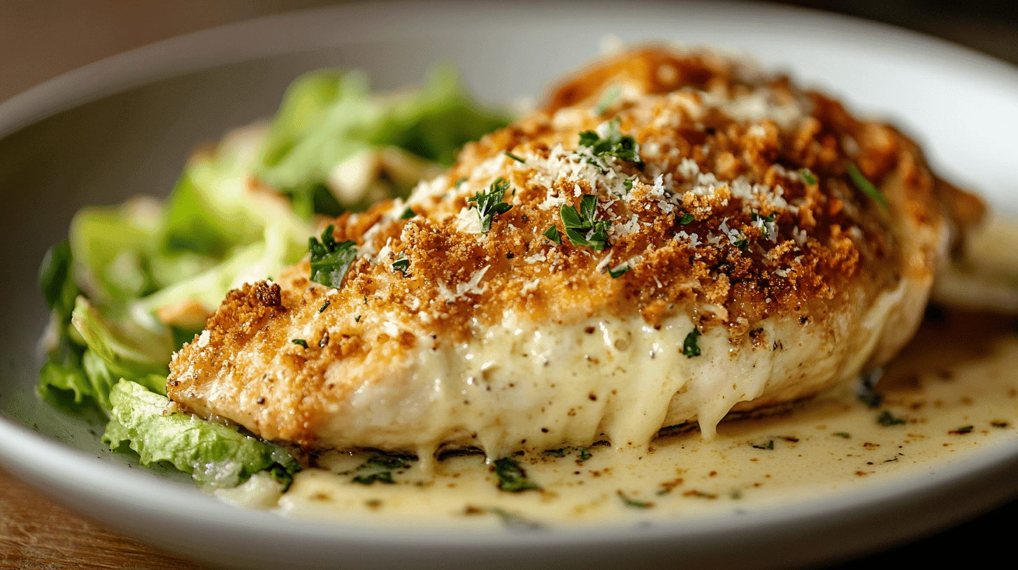 A perfectly cooked Caesar chicken breast garnished with parsley and served with a side of Caesar salad.