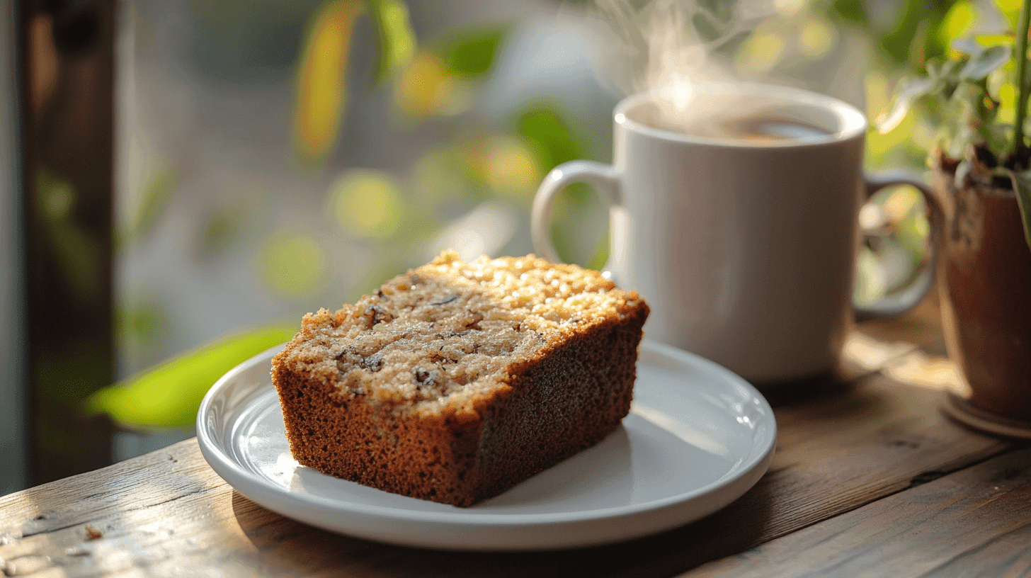 A fresh slice of Starbucks Banana Bread on a white plate with a cup of coffee in the background