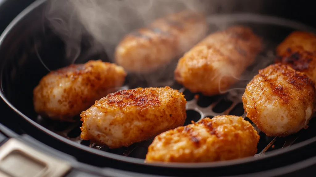 Grilled nuggets in an air fryer basket.