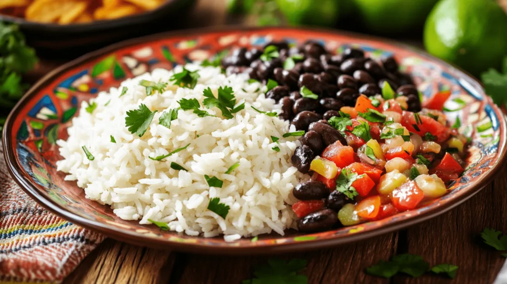A plate of Cuban white rice served with black beans and shredded beef.