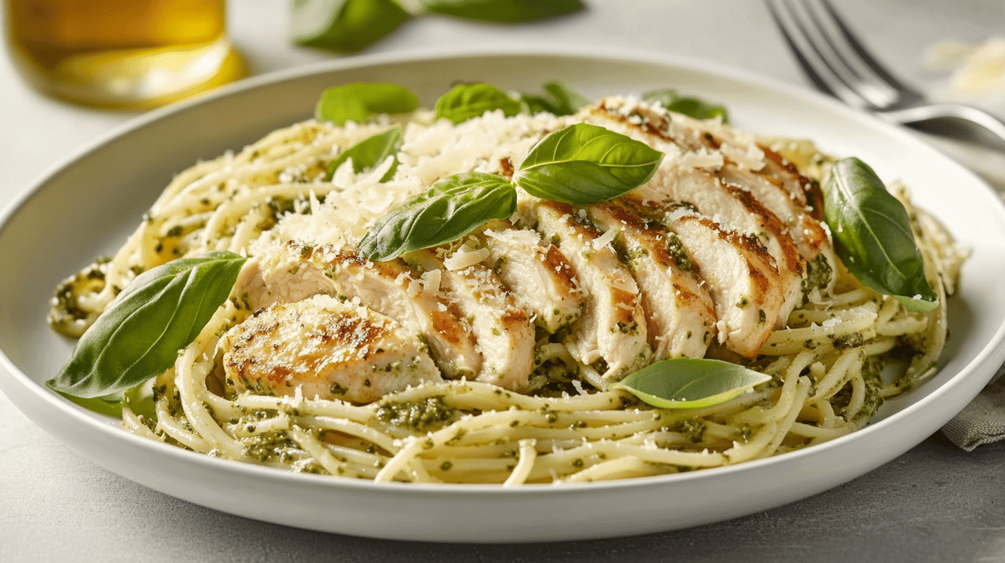Chicken Alfredo Pesto Pasta served in a white plate garnished with fresh basil.