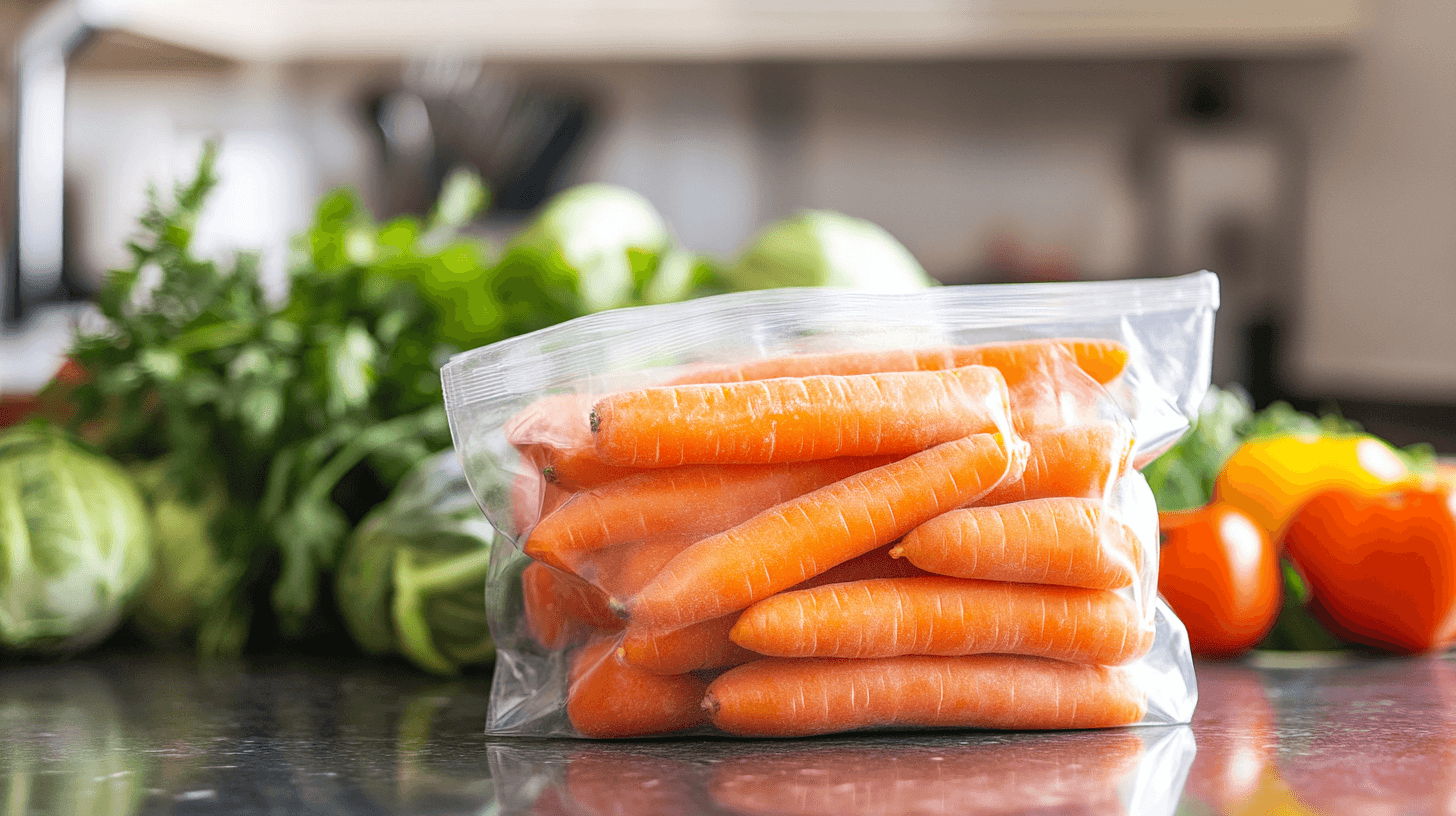 Frozen carrots in a bag on a kitchen counter.