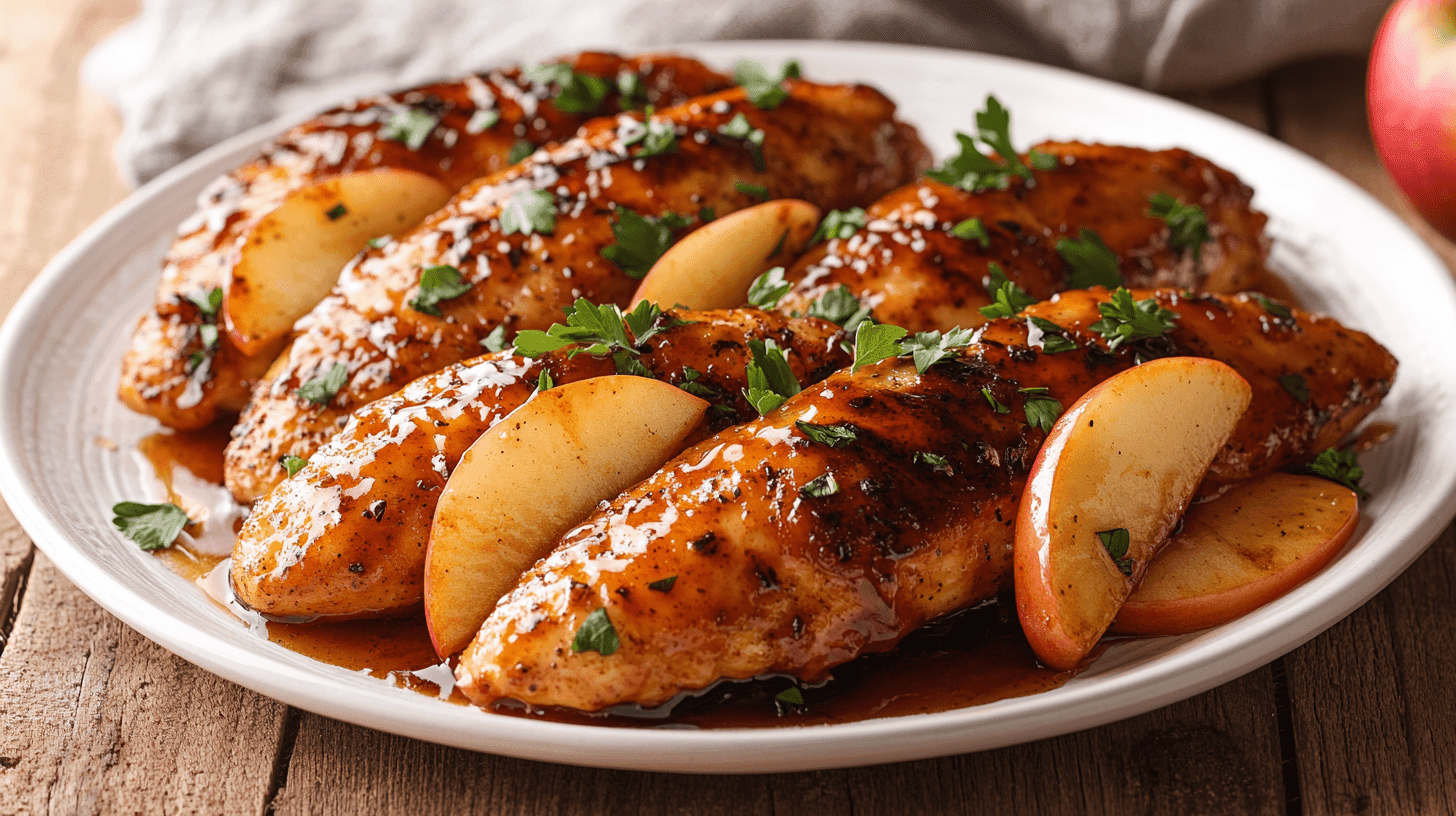 A plate of apple and honey-glazed chicken tenders garnished with fresh parsley.