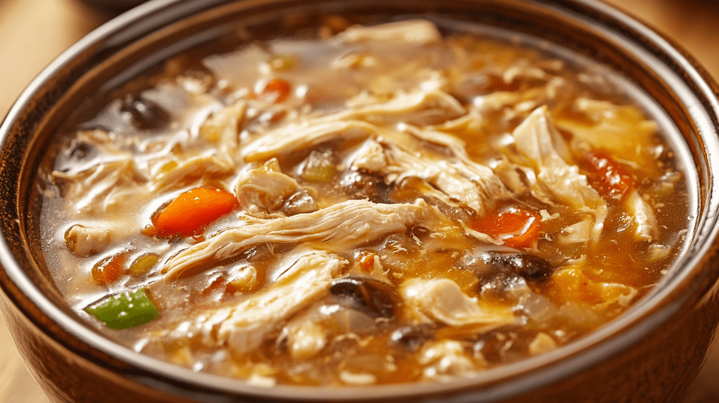 A steaming bowl of chicken hot and sour soup garnished with green onions.