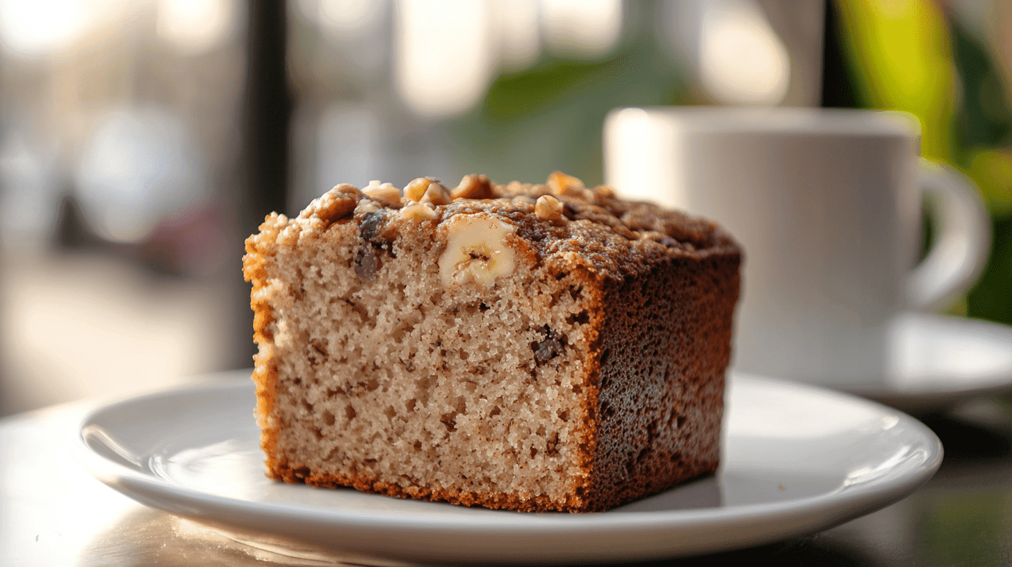 A slice of Starbucks banana bread on a plate with a cup of coffee.