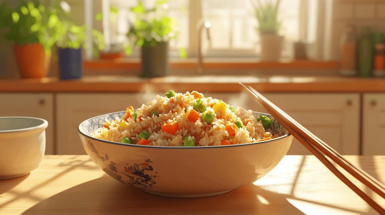 Bowl of fried rice with vegetables and utensils.