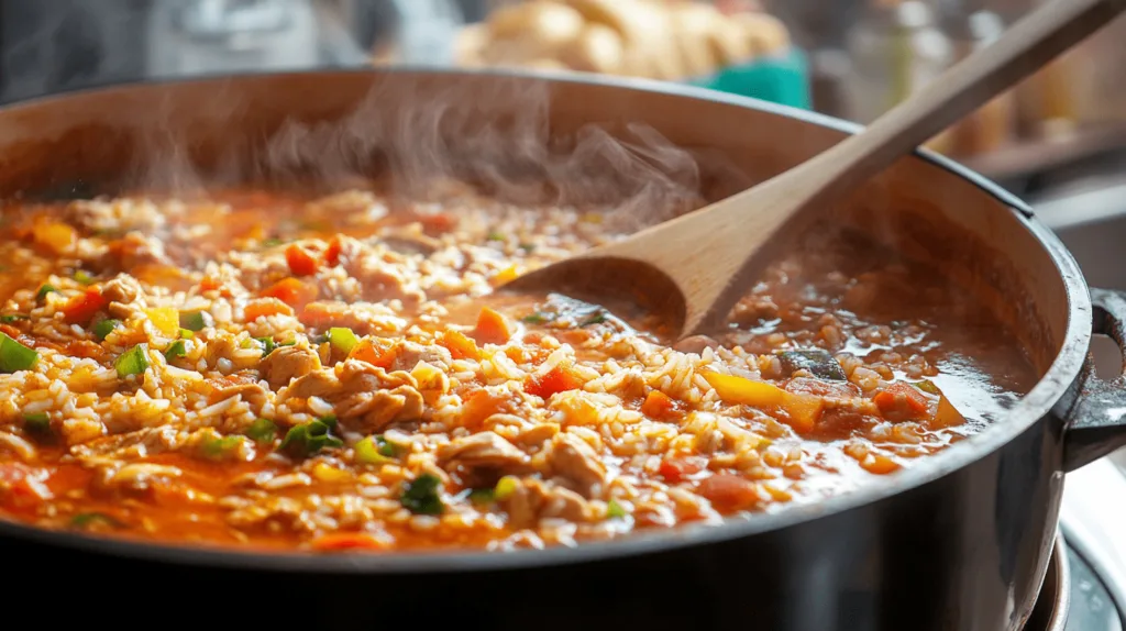 A pot of simmering spicy chicken soup with vegetables and rice