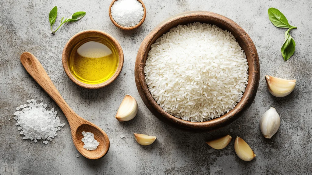 Ingredients for Cuban white rice, including uncooked rice, garlic, salt, and oil.