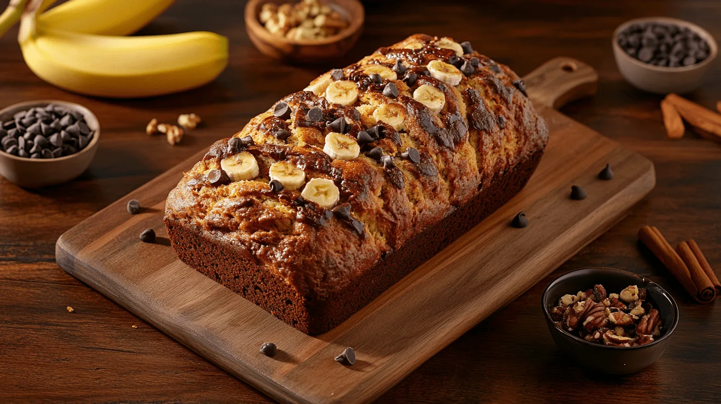A loaf of banana bread surrounded by bowls of chocolate chips, nuts, and spices on a wooden table.