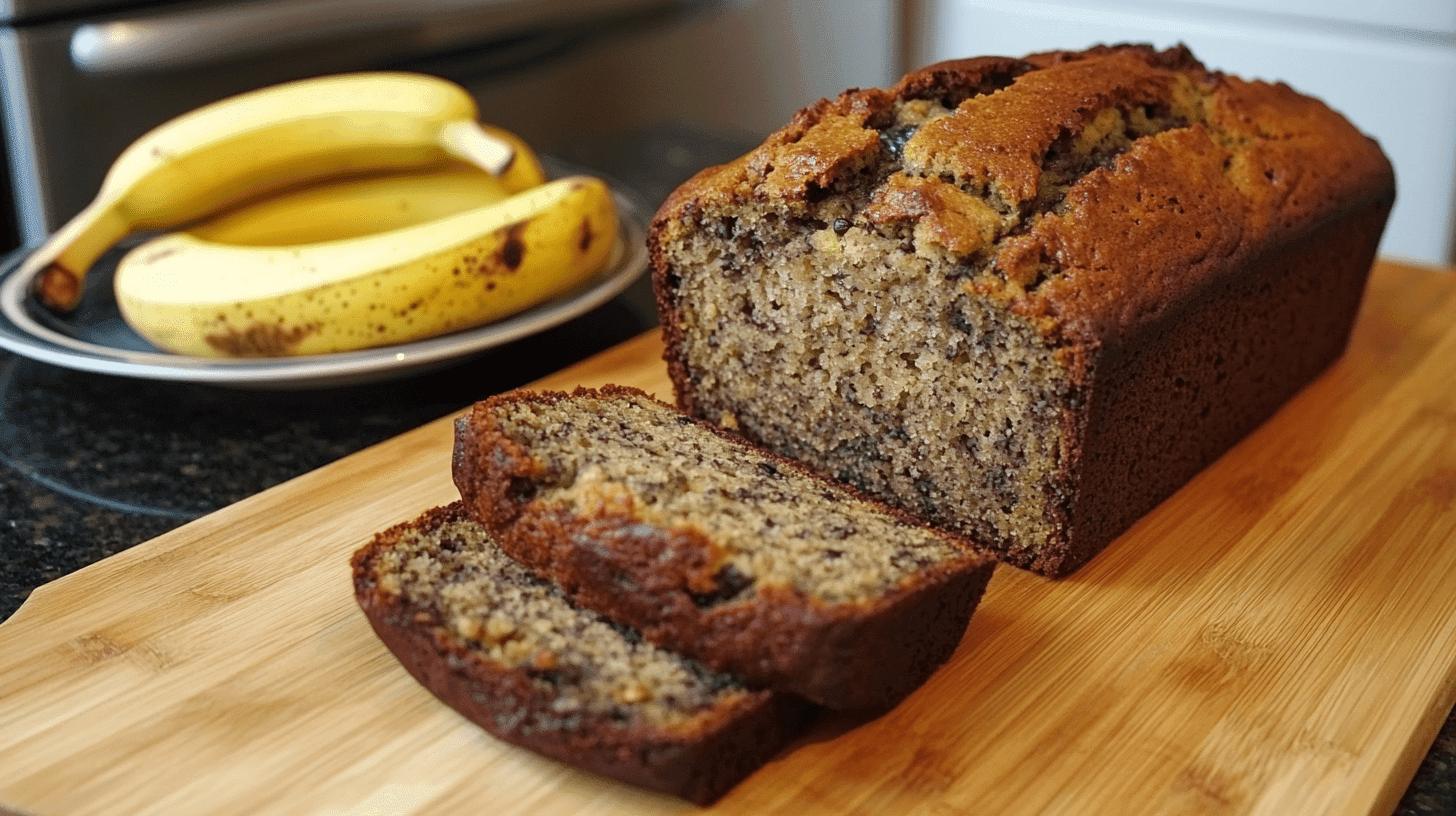 A loaf of vegan banana bread with a slice served on a plate, surrounded by ripe bananas