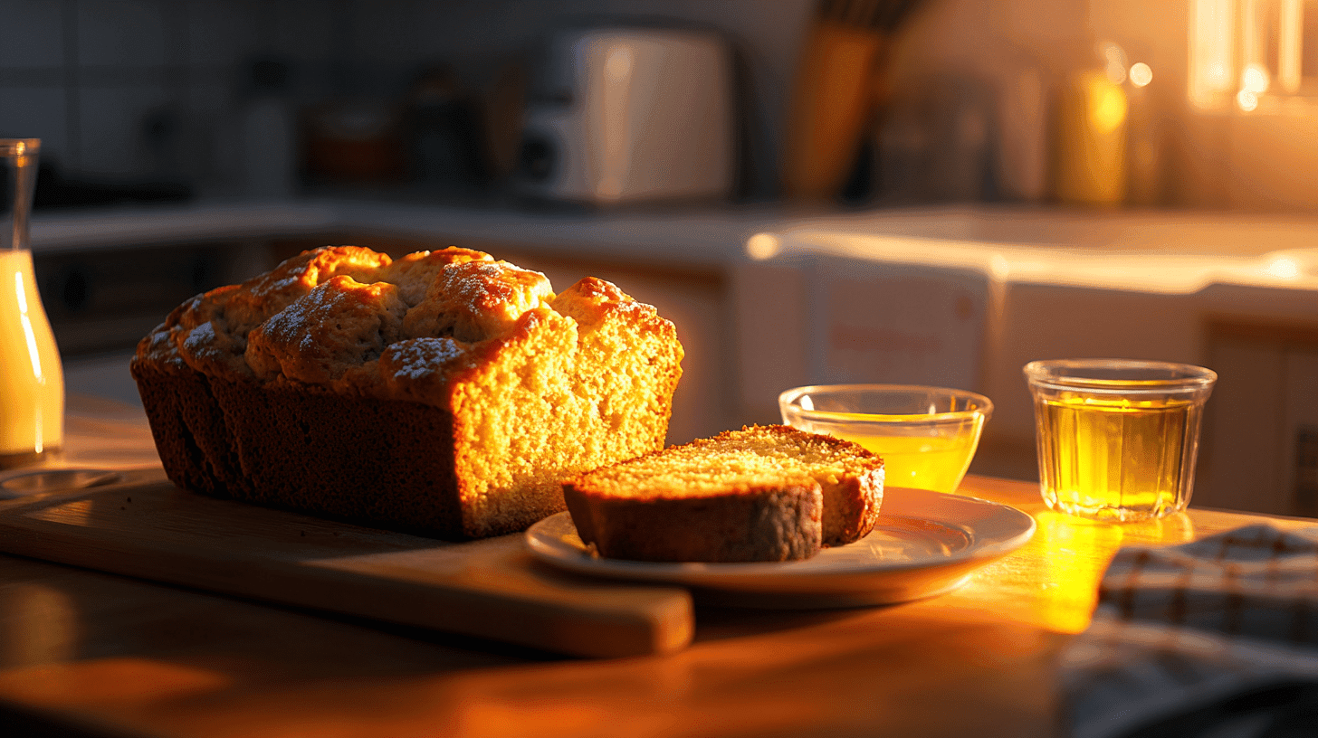 A loaf of banana bread with slices served on a plate, alongside small bowls of butter and oil.