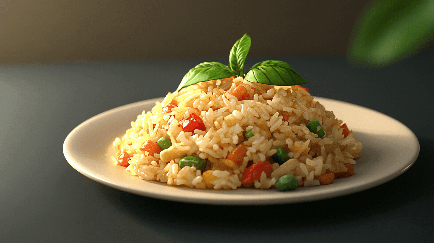 A plate of fried rice with vegetables, served hot.