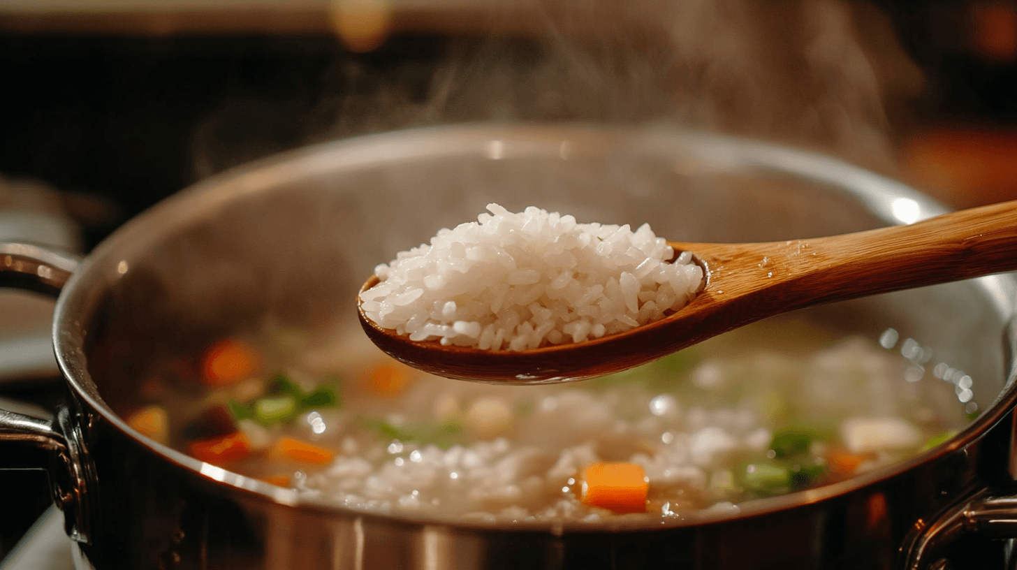 A close-up of raw white rice being poured into a pot of simmering soup.
