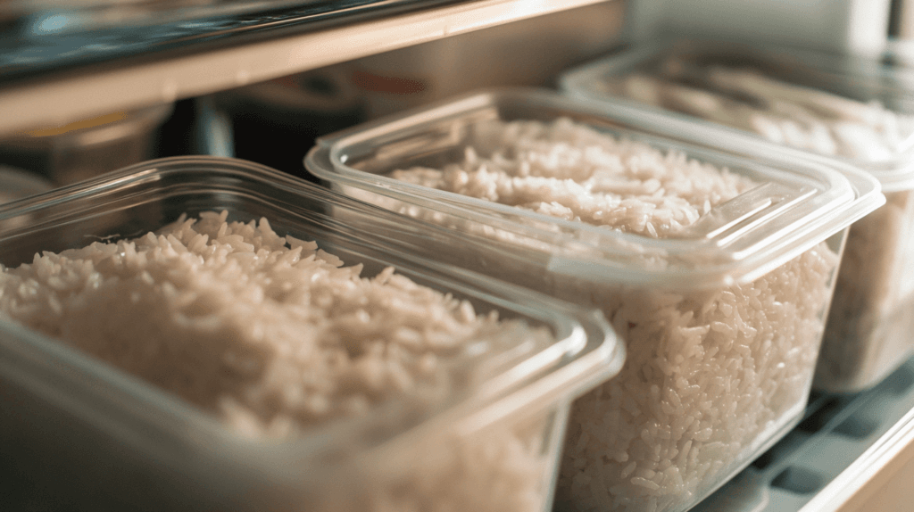 Rice being stored in a refrigerator.