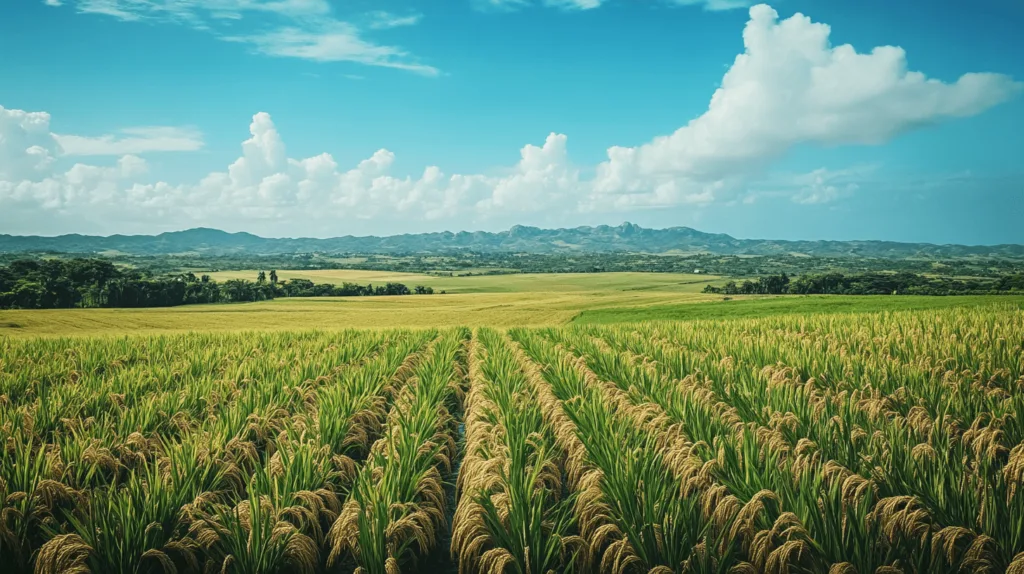 A historical map of Cuba with rice fields in the background.