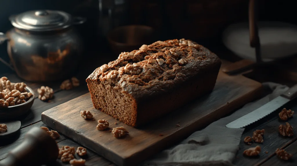 Banana bread topped with chopped walnuts, served on a wooden cutting board.