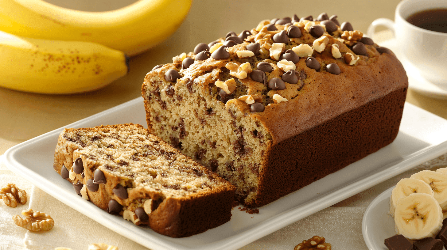 A freshly baked loaf of sourdough banana bread on a wooden cutting board, surrounded by ripe bananas and a jar of sourdough starter.
