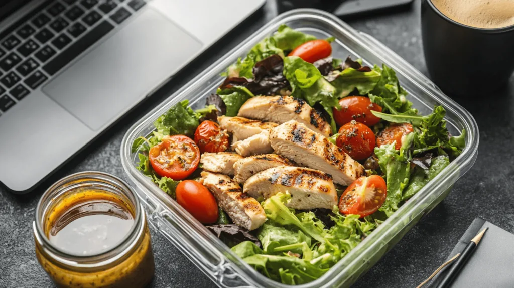 Grilled chicken salad packed in a portable container.