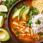A bowl of spicy chicken soup with rice, garnished with cilantro, lime, and avocado slices.