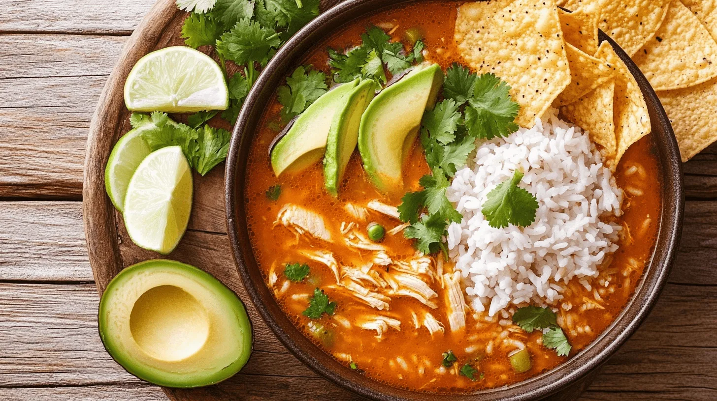 A bowl of spicy chicken soup with rice, garnished with cilantro, lime, and avocado slices.