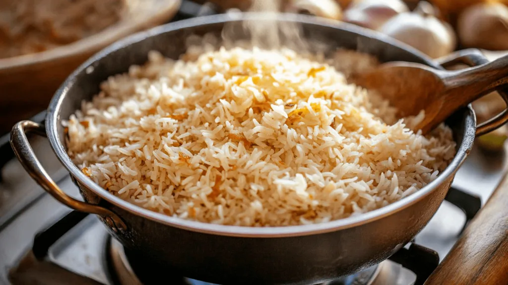 A pot of Cuban white rice being cooked on a stovetop.