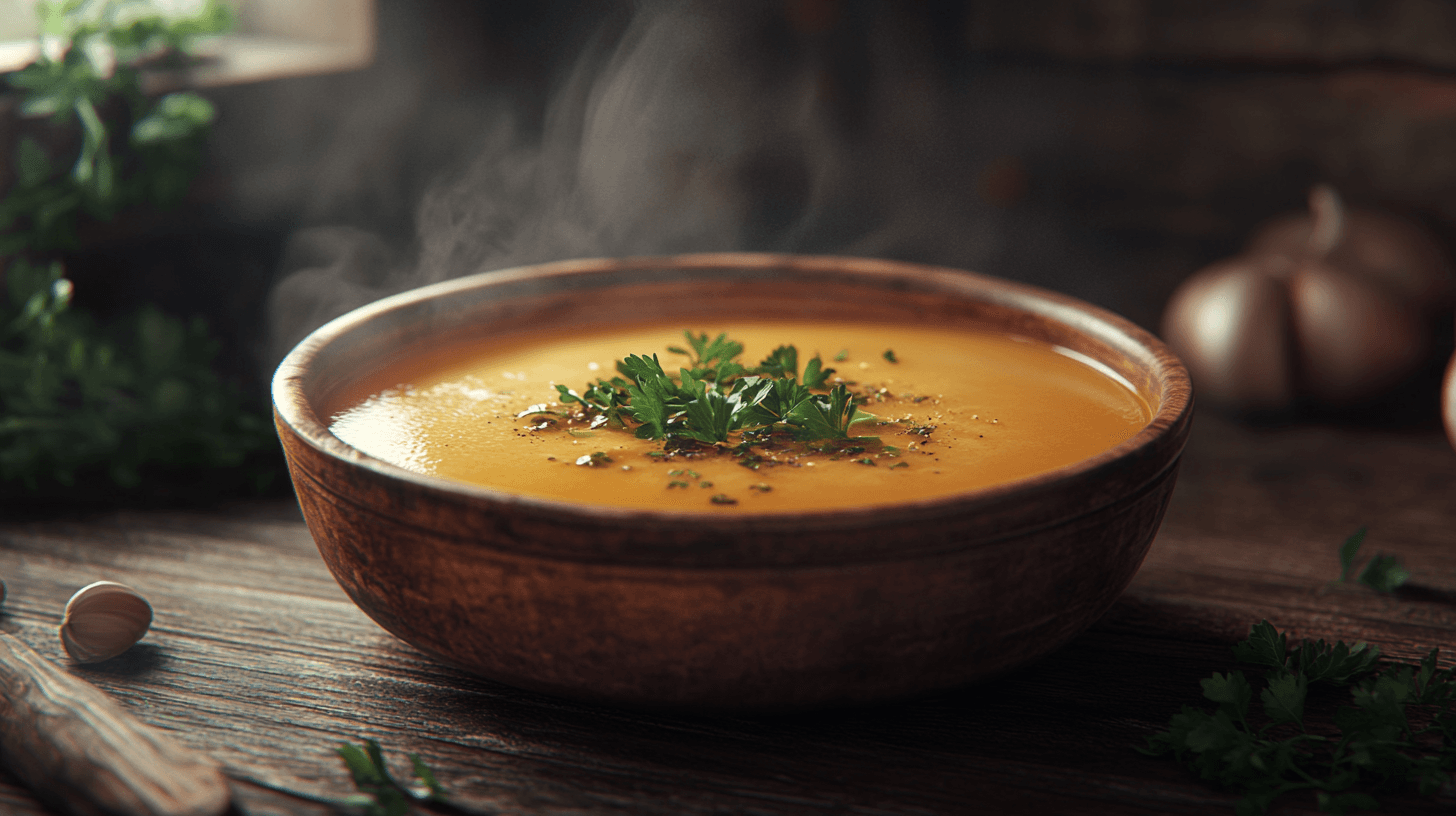 A steaming bowl of soup with fresh herbs and a rustic wooden background