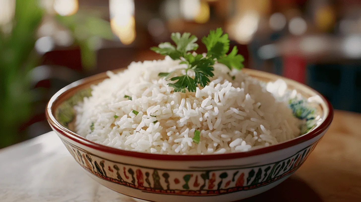 A bowl of freshly cooked Cuban white rice garnished with parsley.