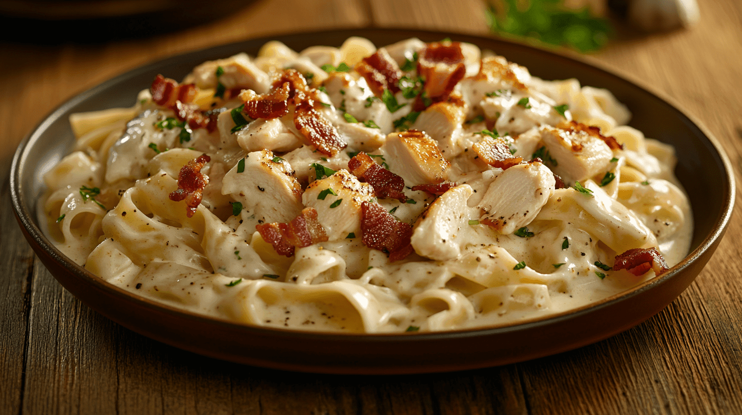 A plate of creamy Chicken and Bacon Pasta Alfredo garnished with parsley