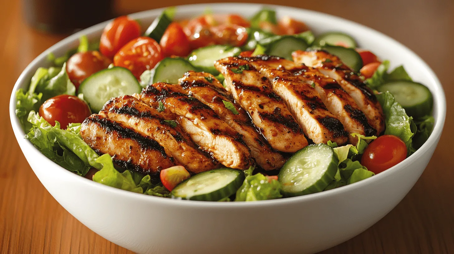 Grilled chicken salad with fresh vegetables in a bowl.