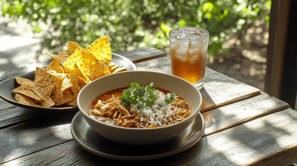 Spicy chicken soup with rice served with tortilla chips and iced tea.